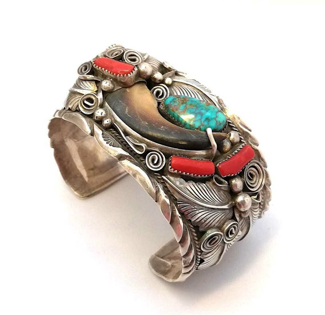 Original Navajo Männer Armreif von M. Thomas, New Mexico USA, Bärenkralle, Easter Blue Türkis, Rote Koralle, 925 Sterling Silber