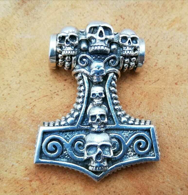 Thors Hammer mit Totenköpfen, Echt Silber 925