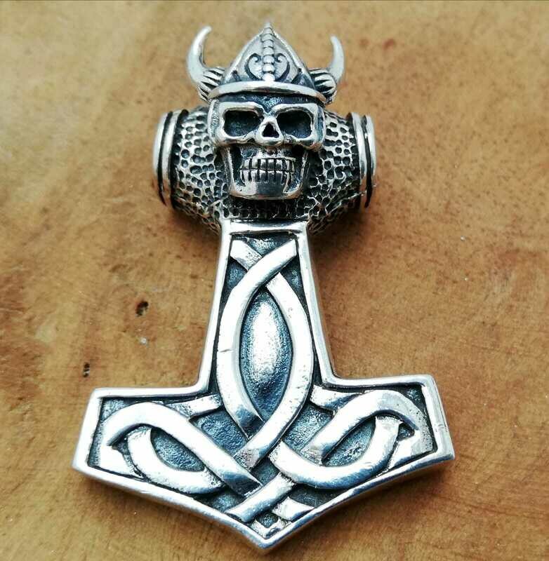 Thors Hammer mit Wikinger Schädel, Echt Silber 925