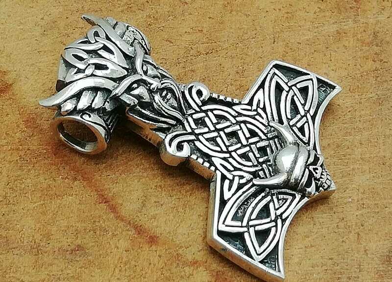 Thors Hammer mit Wikinger Gesicht, Echt Silber 925