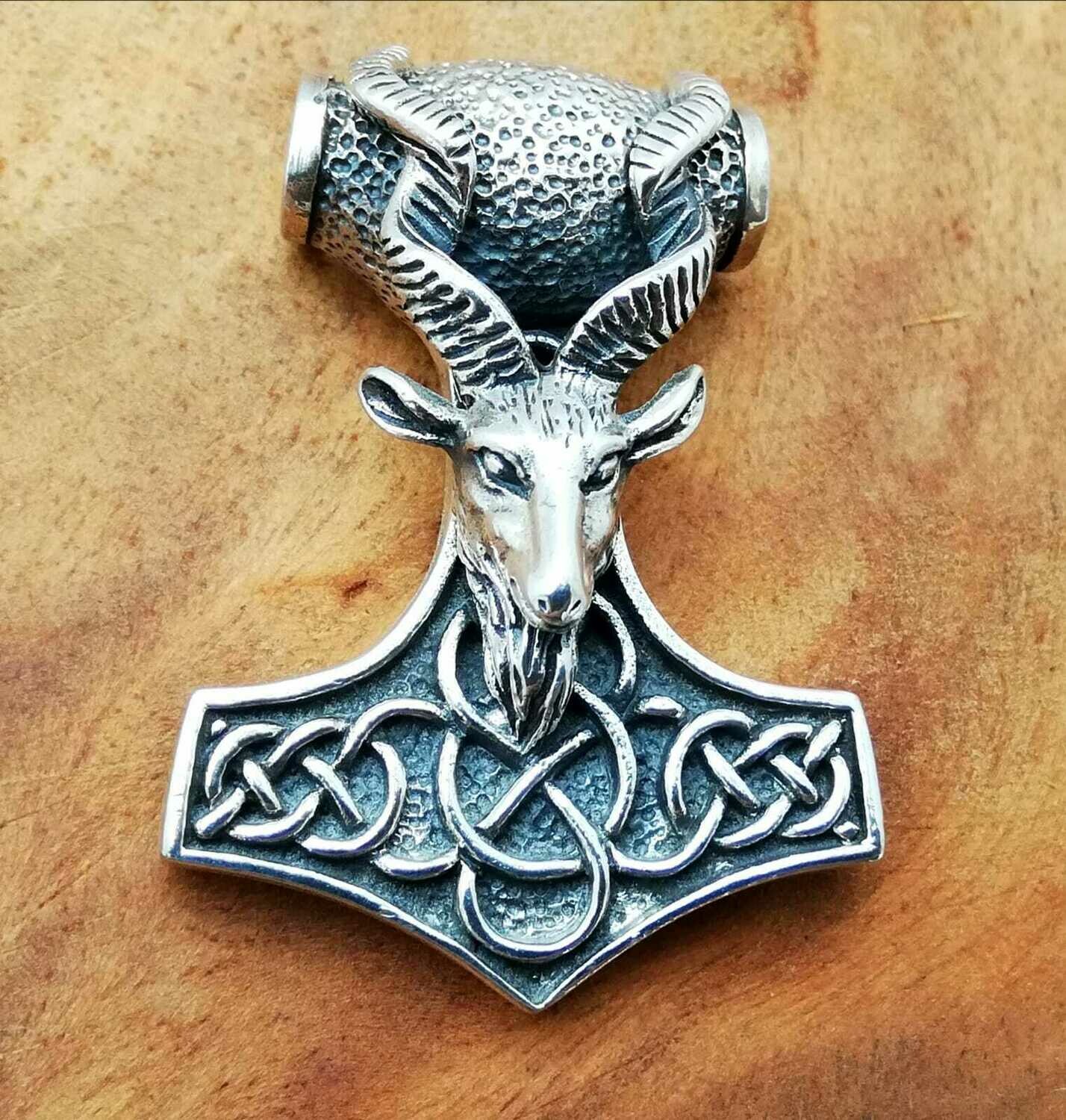 Thors Hammer mit Widder Schädel, Echt Silber 925