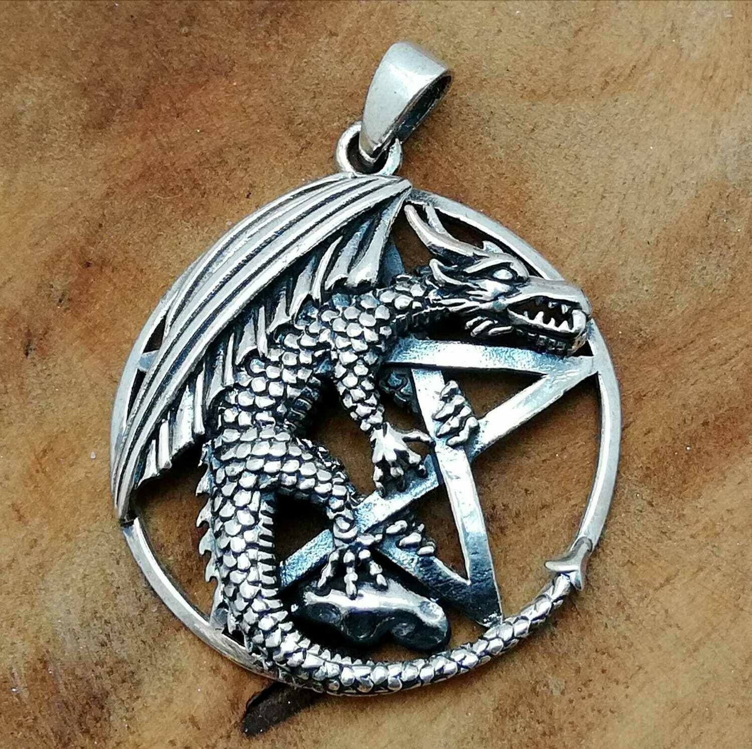 Drachen Pentagramm Echt Silber 925 Anhänger, Pentagramm, Echt Silber 925 Anhänger, Schutzamulett Pentagramm aus Echt Silber