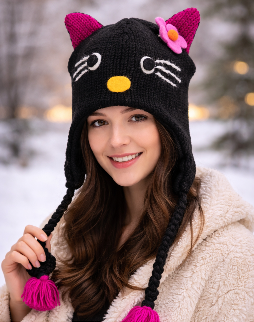 Katzen Mütze handgestrickt, mollig und warm, handgestrickte Katzen Mütze, Black Kitty, Kitty in schwarz