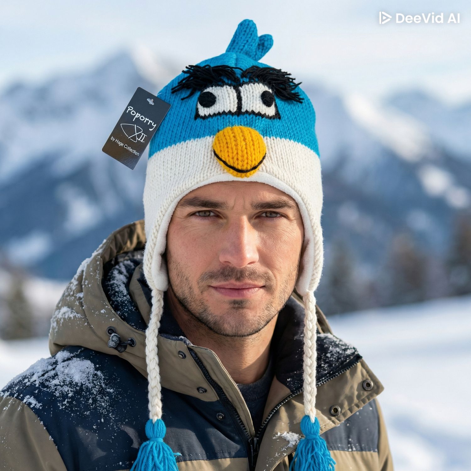 Handgestrickte Mütze Blauer böser Vögel, Birdy in blau, mit Polar-Fleece Innen gefüttert, mollig weich und warm