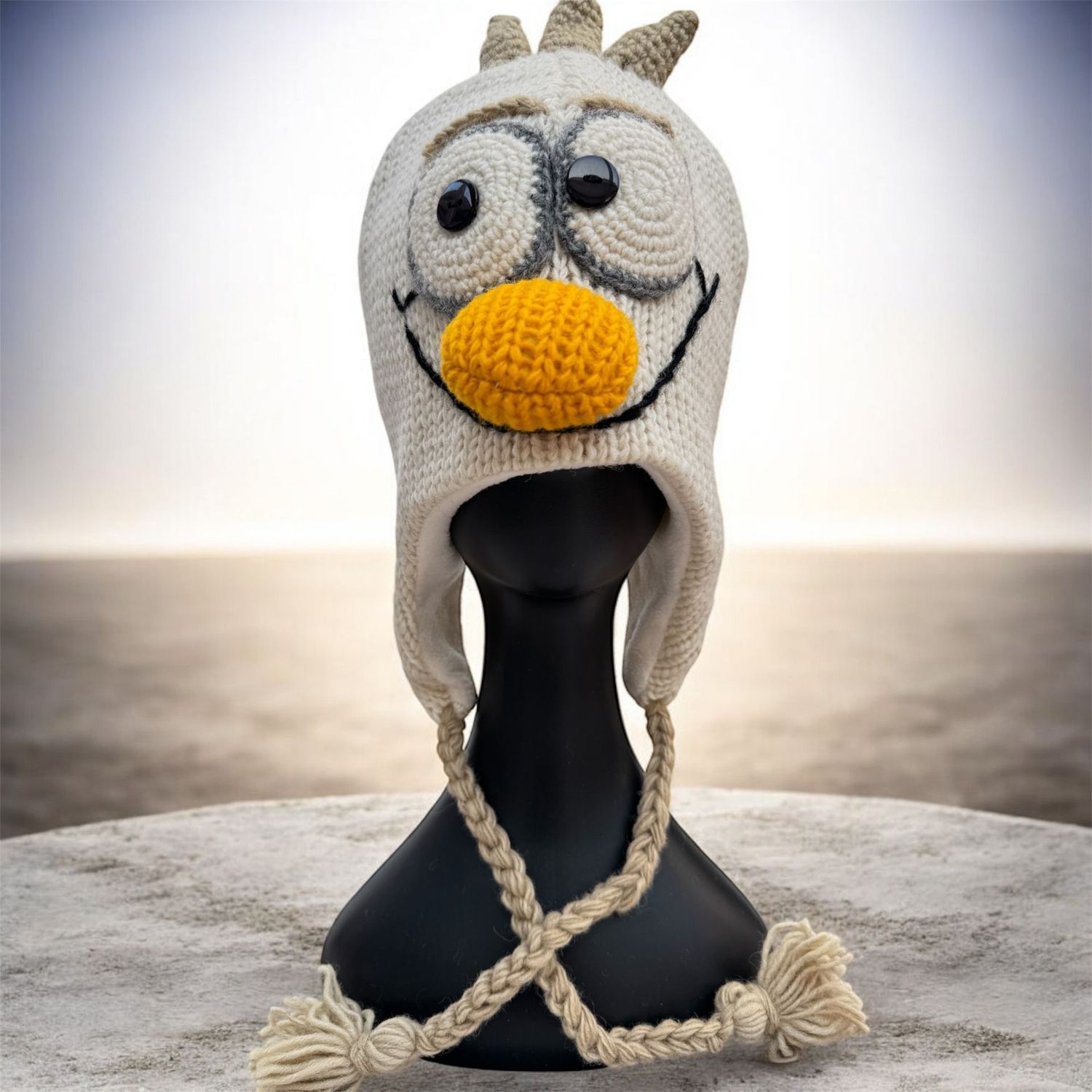 Olaf der Schneemann, handgestrickte Mütze aus Wolle, Schneemann frech und lustig...mollig warmmit Polar-Fleece Innen gefüttert