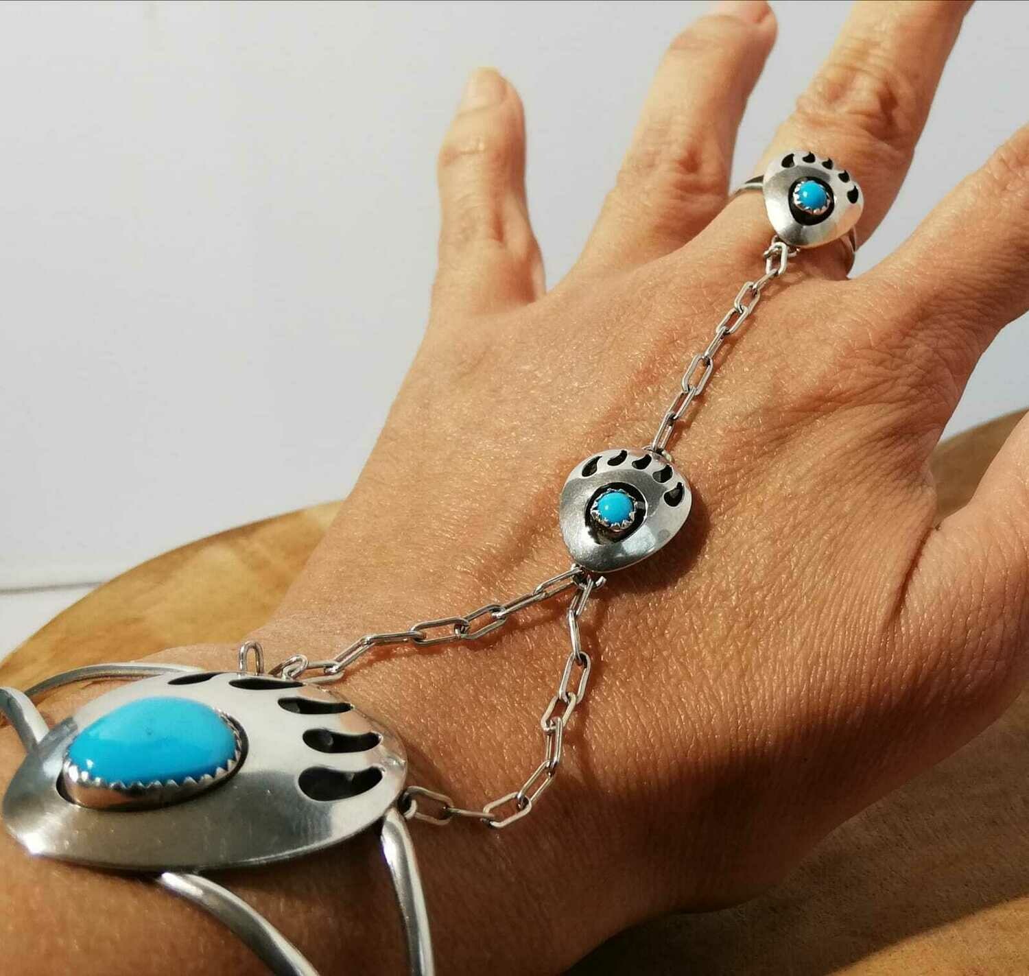 Original Navajo Bärentatzen Sklaven Armband, Echt Silber (925) mit Türkisen