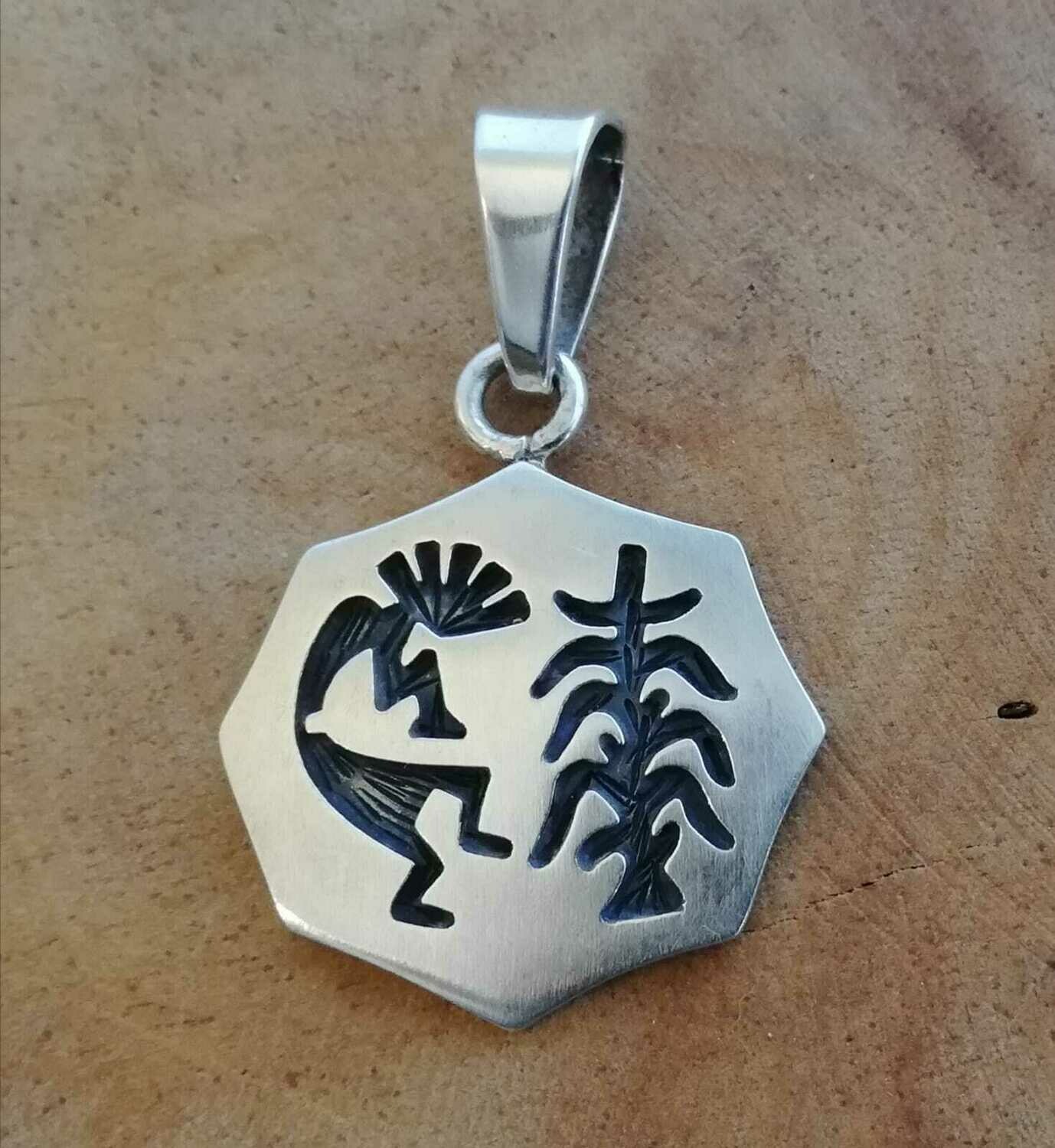 Indianerschmuck Kokopelli und Mais, Sterling Silber 925, Overlay Technik handgearbeitet in Mexio