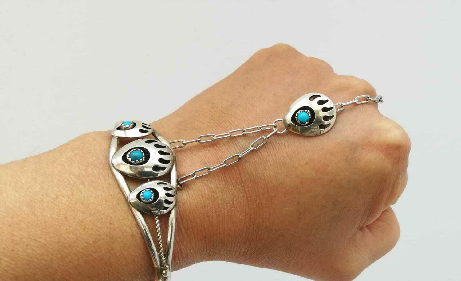 Original Navajo Bärentatzen Sklaven Armband, Bear Paw Slave Bracelet, Echt Silber (925) mit Türkisen, Made in USA