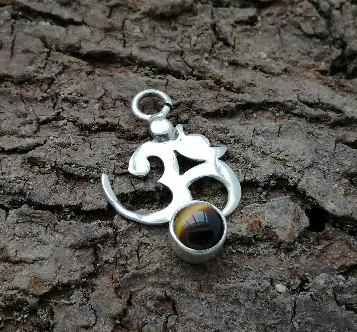 Om Ketten-Anhänger aus Echt Silber, Aum mit Tigerauge, Anhänger, 925 Sterling Silber