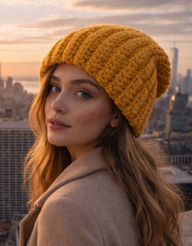 Mostaza Senf farben, Poporry Exclusiv Unikatsmütze von Lidia Astete-Hage gehäkelt, mit individuellem Spezial-Rand, One Size