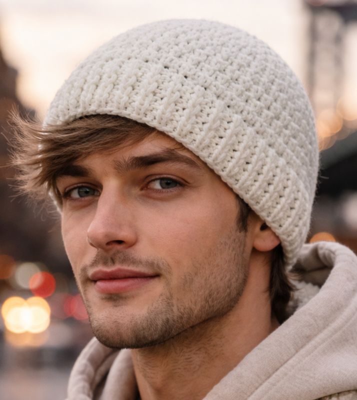 Beanie Wien in weiß,  Poporry Exclusiv, handgehäkelte Unikatsmütze von Lidia Astete-Hage,