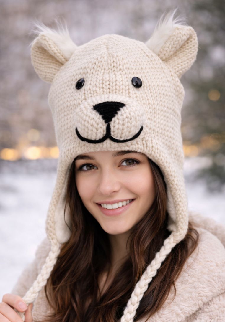 Eisbär, Polarbär in weiss,  handgestrickt..mit Fleece  Innen  gefüttert...Mollig warm, Polar Bear Hat handmade