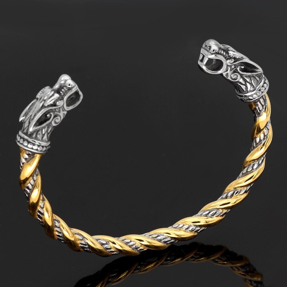 Wikinger Drachenköpfe Armspange, Armspange aus massivem, schwerem 316L Edelstahl, Innendurchmesser 68mm (verstellbar) Wikinger Drachenköpfe Armspange, Armspange aus massivem, schwerem 316L Edelstahl, Innendurchmesser 68mm (verstellbar)