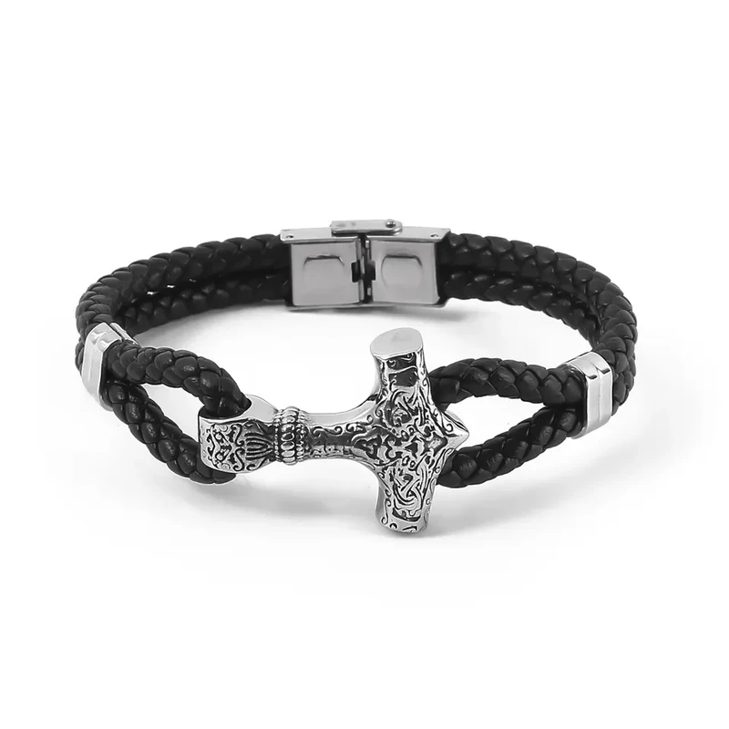 Mjölnir, Thors Hammer mit Wikinger Ornamenten. Viking Collection, Handgearbeitetes schwarzes Armband mit dem Hammer des Thor aus PU Leder.