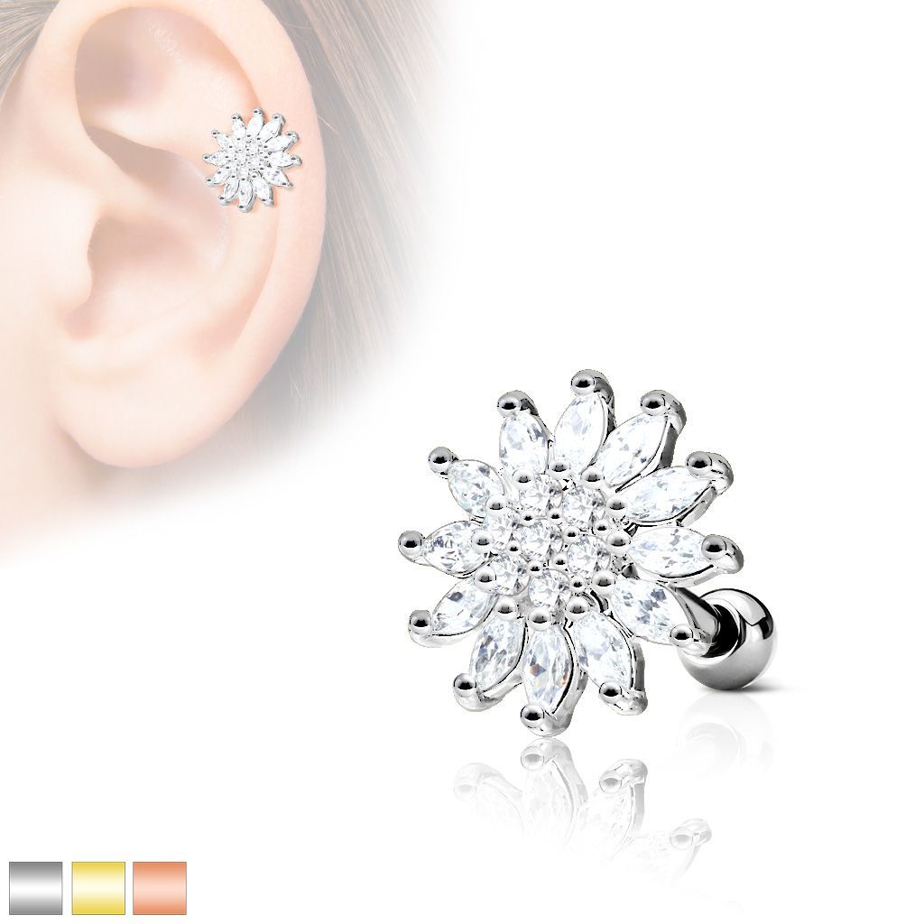 Edelweiss Labret mit Zirkonia,   Stecker für Tragus, oder Helix , 1,2mm x 6mm, 316L Chirurgenstahl