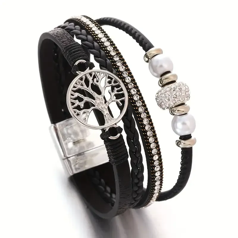 Lebensbaum Armband in Schwarz, mit raffiniertem Magnetverschluss,  PU Leder Schwarz mit Muster, länge ca. 19cm