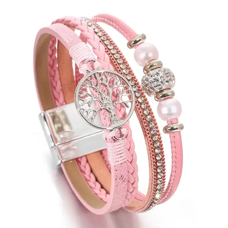 Lebensbaum Armband in Pink, mit raffiniertem Magnetverschluss,  PU Leder  mit Muster, länge ca. 19cm