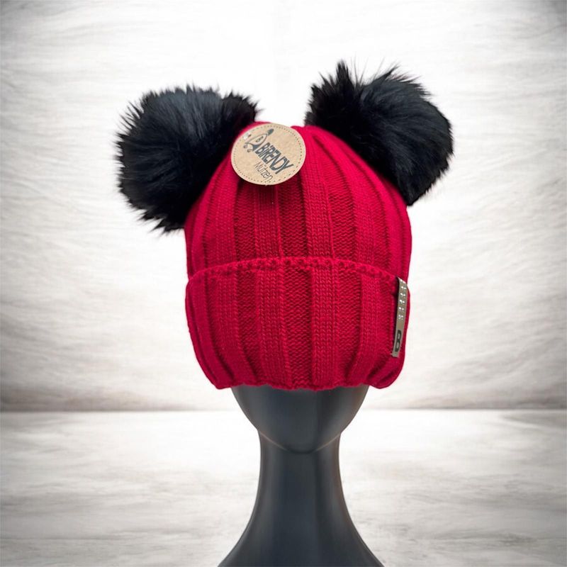 Strickmütze Mickey in Rot, mit 2 Doppel Bommeln in schwarz , Handarbeit und mit Polarfleece gefüttert, Handmade in der EU, mollig warme Mütze