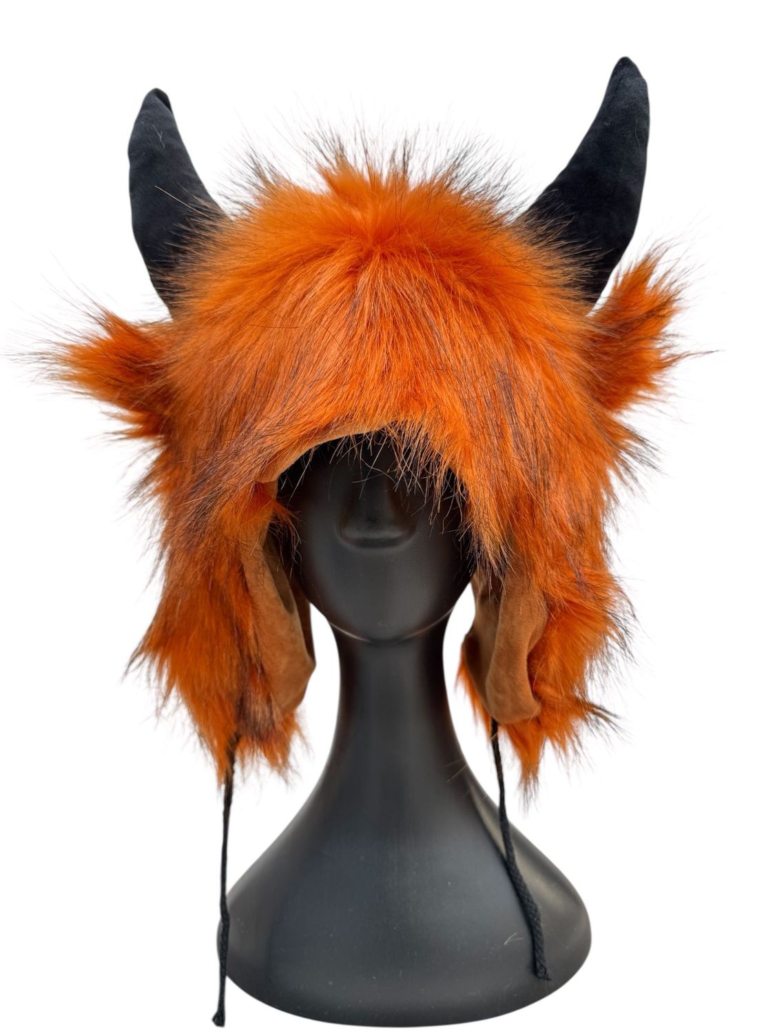 Luxuriöser, Witziger Büffel-Schädel Hut mit flauschigem Kunstfell in schwarz-kupfer