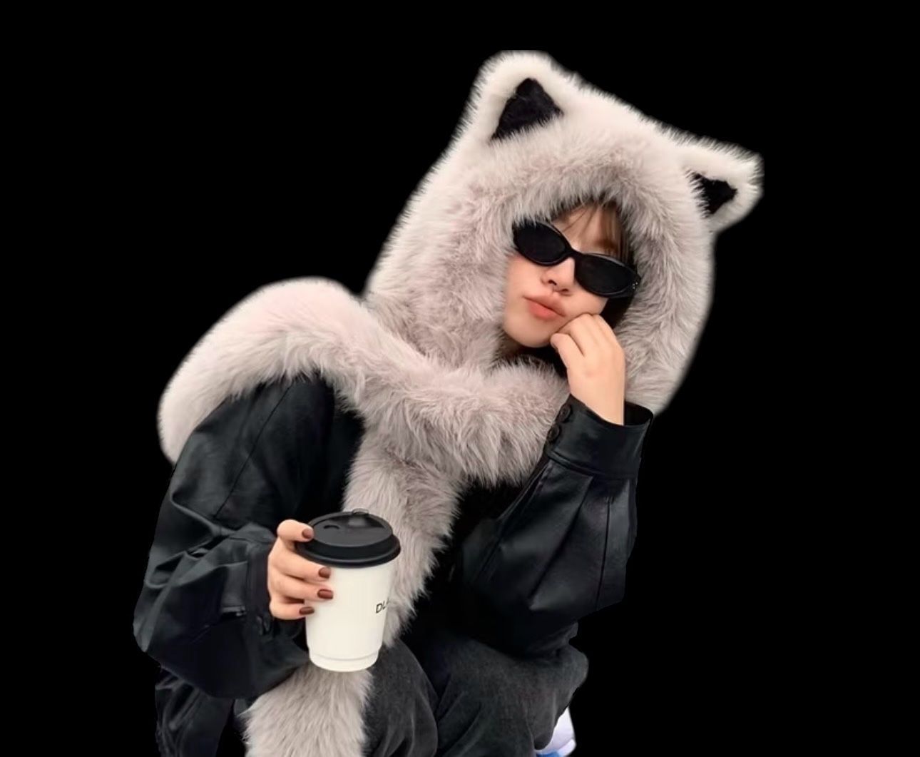 Anime Katzen Mütze mit integriertem Schal, flauschige Optik in Grau-Schwarz