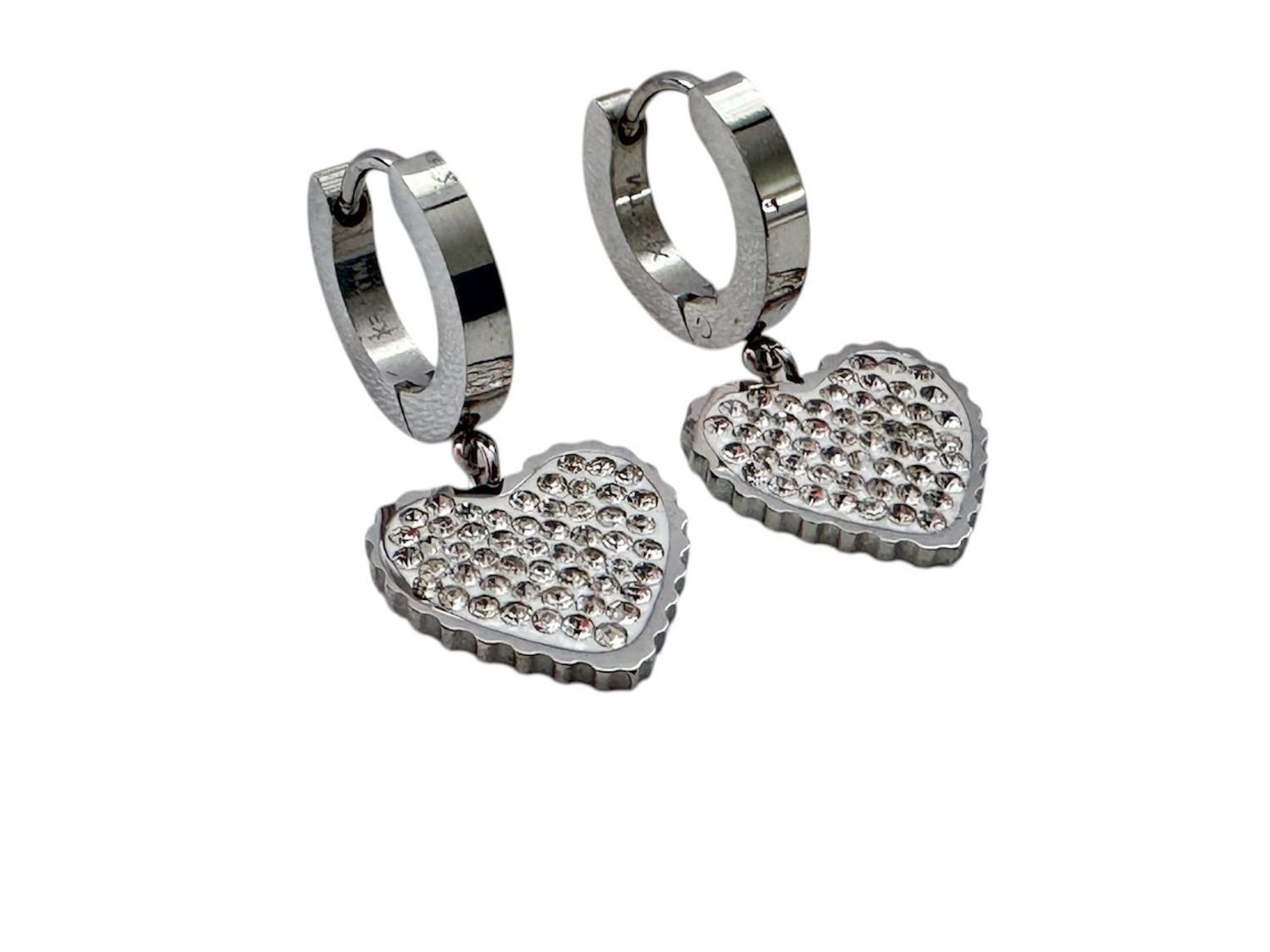 Herz Ohrringe mit Zirkonia-Steinen,  Edelstahl Klappcreolen mit beweglichen Herzen, 316L Chirurgenstahl, Paarpreis