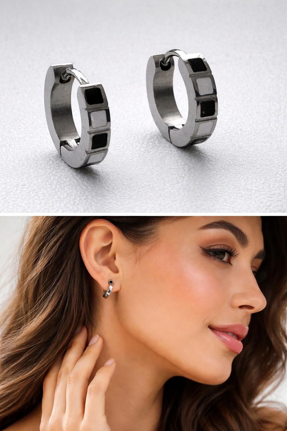 Clapp Creolen aus Chirugenstahl (Edelstahl) mit eingefassten schwarz und weissen Emaille Quadraten, Wasserfest, Antiallergisch, Top Qualität, Paarpreis