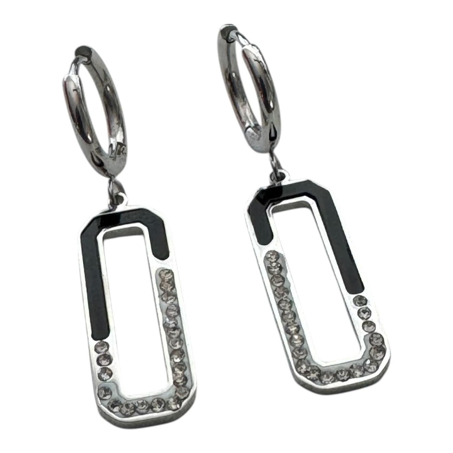 Rechteckige Designer Ohrringe mit Zirkonia-Steinen in Schwarz und Silber,  Edelstahl Klappcreolen mit beweglichen Anhängern  , 316L Chirurgenstahl, Paarpreis, Clapp Creolen mit Anhänger