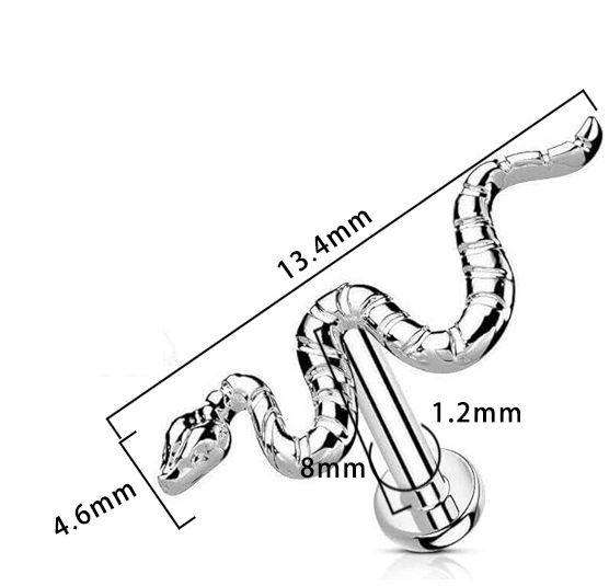 Titan Labret mit Innengewinde, Schlange aus Titan Piercing Stecker 1,2 x 8mm, in Silber oder Gold