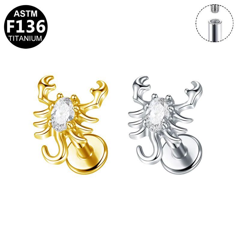 Titan Labret mit Innengewinde, Skorpion mit Zirkonia weiss, aus Titan Piercing Stecker 1,2 x 8mm, in Silber oder Gold