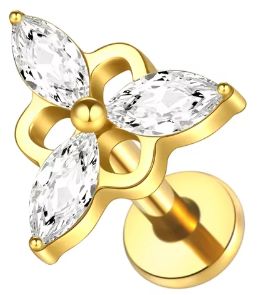 Titan Labret mit Innengewinde, 3er Blume in Gold mit Zirkonia weiss, aus Titan, Piercing Stecker 1,2 x 8mm