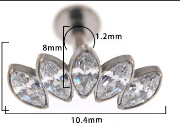 Titan Labret mit Innengewinde,   klassischer Kristallbogen mit 5 Zirkonia in weiss, Piercing Stecker 1,2 x 8mm