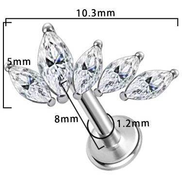 Titan Labret mit Innengewinde,   flacher Kristallbogen mit 5 Zirkonia in weiss, Piercing Stecker 1,2 x 8mm