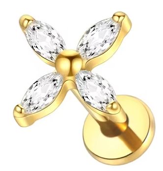 Titan Labret mit Innengewinde,  Kleeblatt  aus Gold 4 mit weissen Zirkonia, Piercing Stecker 1,2 x 8mm