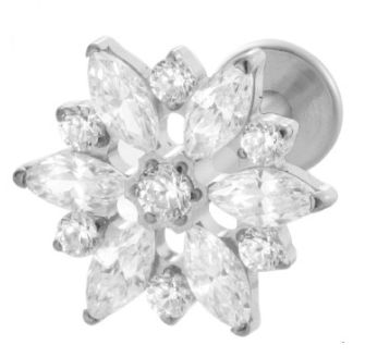 Titan Labret mit Innengewinde,   Eleganter Stecker mit Zirkonia in weiss, Piercing Stecker 1,2 x 8mm