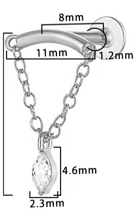 Titan Labret mit Innengewinde,   Flying Crystal mit 1 Zirkonia in weiss, Piercing Stecker 1,2 x 8mm