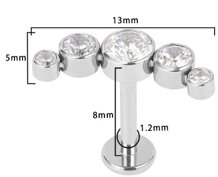 Titan Labret mit Innengewinde,   klassischer Kristallbogen mit 5 Zirkonia in weiss, Piercing Stecker 1,2 x 8mm
