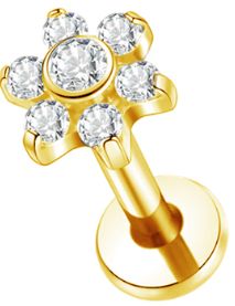 Titan Labret in Gold mit Innengewinde,  kleine elegante  goldene Blume mit Zirkonia in weiss, Piercing Stecker 1,2 x 8mm
