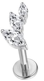 Titan Labret mit Innengewinde,  3 Hojas in silber  mit verlauf Zirkonia in weiss, Piercing Stecker 1,2 x 8mm
