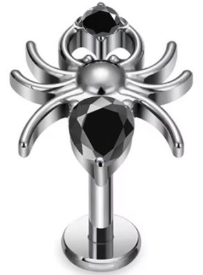 Titan Labret mit Innengewinde,   Spinne mit schwarzen Zirkonia, Piercing Stecker 1,2 x 8mm