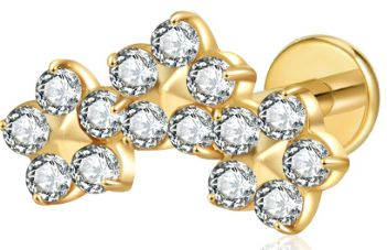 Titan Labret mit Innengewinde, Goldener Bogen aus 3 Blumen mit weissen Zirkonia, Piercing Stecker 1,2 x 8mm Titan Labret mit Innengewinde, Goldener Bogen aus 3 Blumen mit weissen Zirkonia, Piercing Stecker 1,2 x 8mm