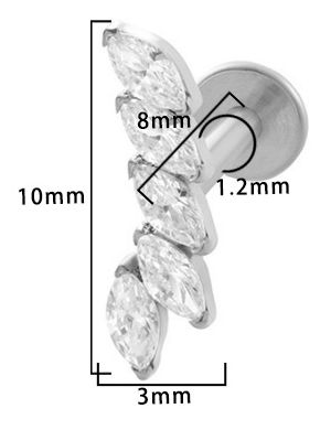Titan Labret mit Innengewinde,   leichter Kristallbogen mit 5 Zirkonia in weiss, Piercing Stecker 1,2 x 8mm
