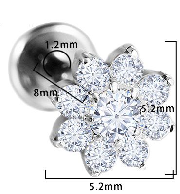 Titan Labret mit Innengewinde,   klassischer Kristallbogen mit 5 Zirkonia in weiss, Piercing Stecker 1,2 x 8mm