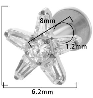 Titan Labret mit Innengewinde,   Blume classic mit  Zirkonia in weiss, Piercing Stecker 1,2 x 8mm