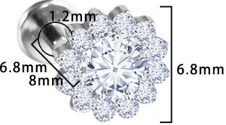 Titan Labret mit Innengewinde,  Sonnenblume mit  Zirkonia in weiss, Piercing Stecker 1,2 x 8mm