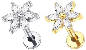 Titan Labret mit Innengewinde,  klassische elegante  Blume in silber oder gold  mit 6 Zirkonia in weiss, Piercing Stecker 1,2 x 8mm