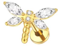 Titan Labret mit Innengewinde, Libelle mit weissen Zirkonia, Piercing Stecker 1,2 x 8mm