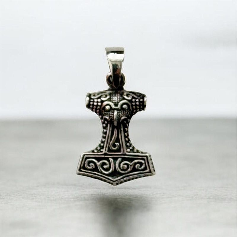 Thors Hammer Mjölnir mit Wikinger Gesicht, Echt Silber 925