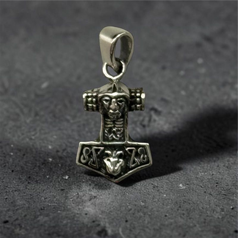 Thors Hammer Mjölnir mit Wikinger Gesicht  Echt Silber 925