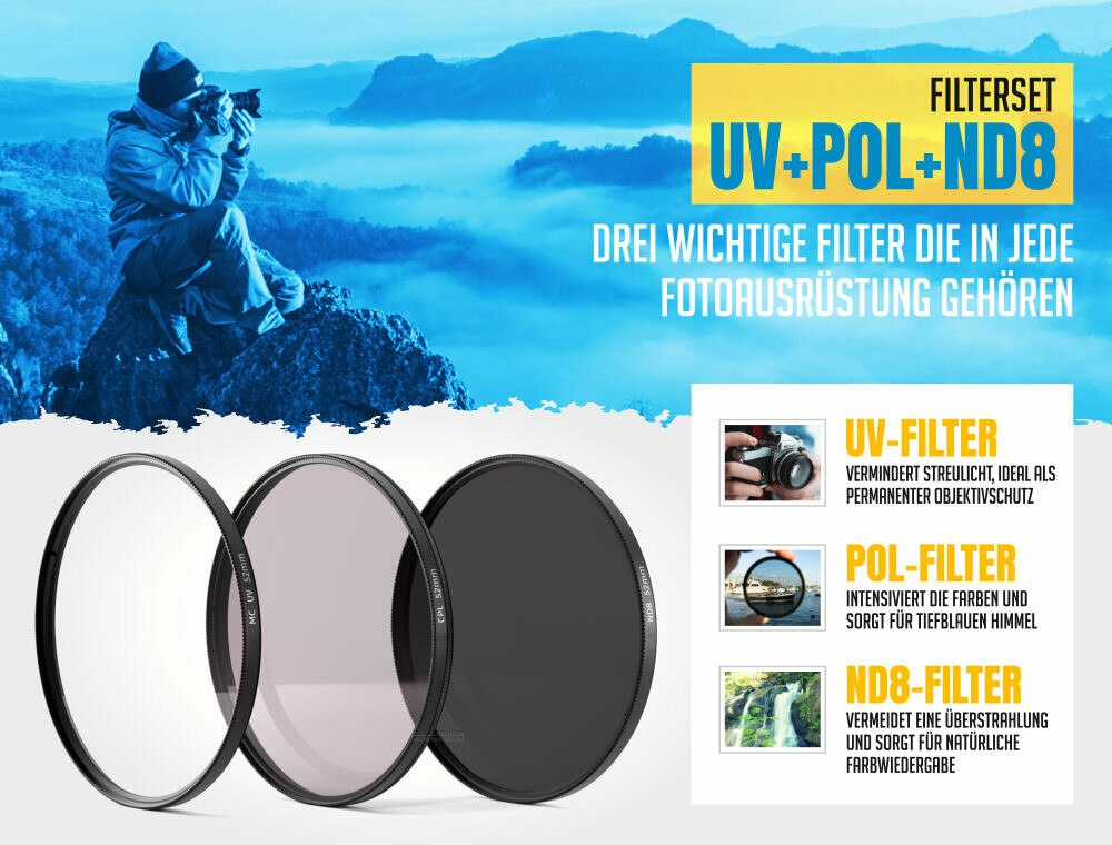 UV + Pol + ND8 Filter passend für Nikon D3300 D3200 D3100 und AF-S 18-55 Obj.