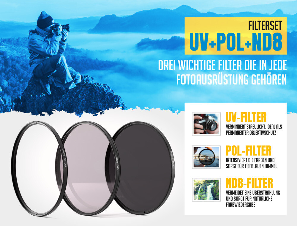 UV + Pol + ND8 Filter passend für Tamron AF 18-200 Di II + AF 18-270 Di II